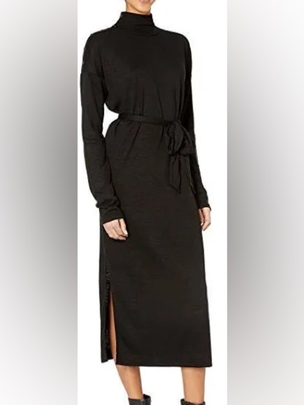 PAIGE Paxton Black Long Sleeve Asymmetric Neck Belted Midi Knit Dress XS